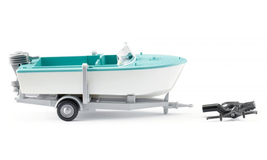 Trailer-mounted motor boat creme/pastel turquoise