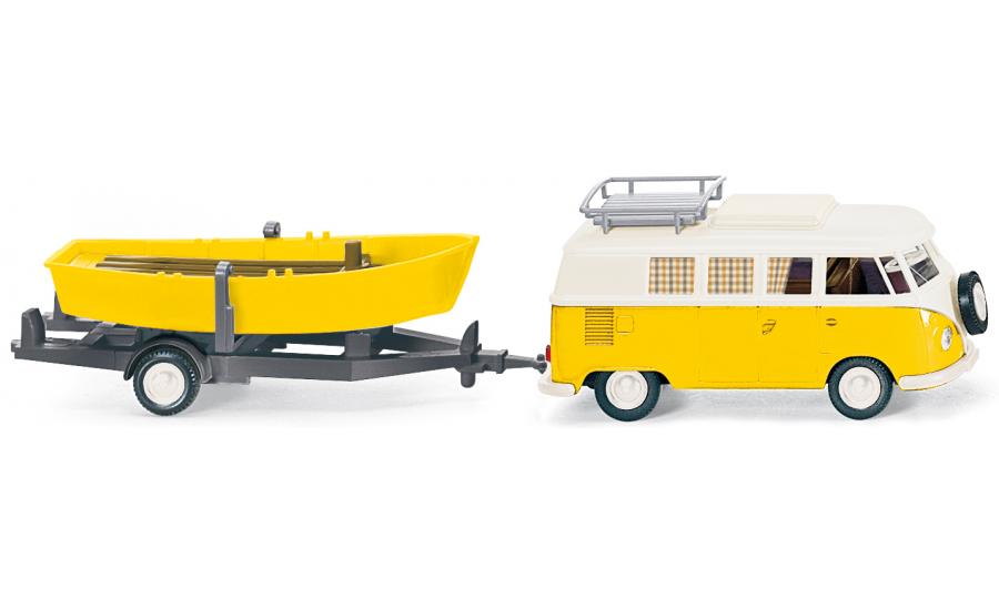 VW T1 camper van with boat - yellow/white