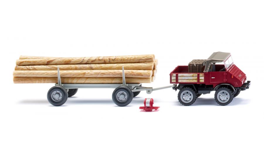 Unimog U 411 with long log trailer - brown red